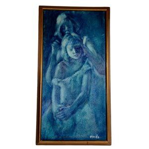 Haunting Mid Century Blue Monochrome Painting Sisters 30" x 17" Signed Hoods